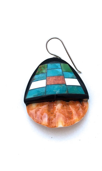 SANTO DOMINGO Spiny Oyster, Turquoise and Jet Mosaic Inlay Earrings
