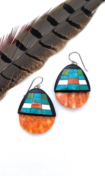 SANTO DOMINGO Spiny Oyster, Turquoise and Jet Mosaic Inlay Earrings
