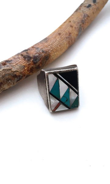 RING A DING Vintage Mens Turquoise Jet Mother of Pearl & Coral Inlay Ring, Sz 11 1/2