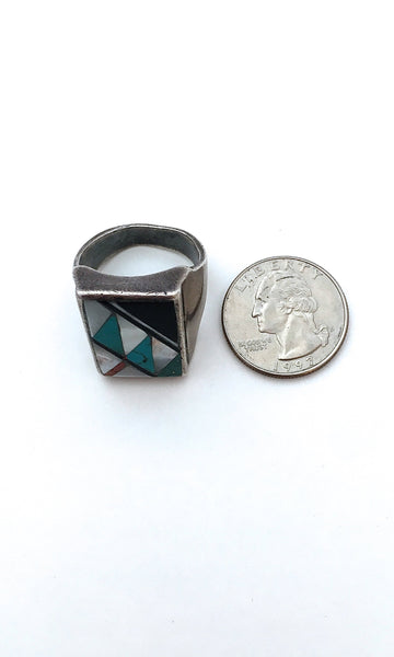 RING A DING Vintage Mens Turquoise Jet Mother of Pearl & Coral Inlay Ring, Sz 11 1/2