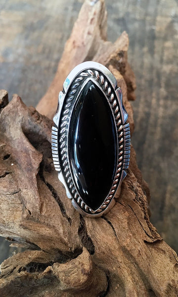 BLACK GOLD Navajo Silver & Onyx Statement Ring, Sz 8 1/2