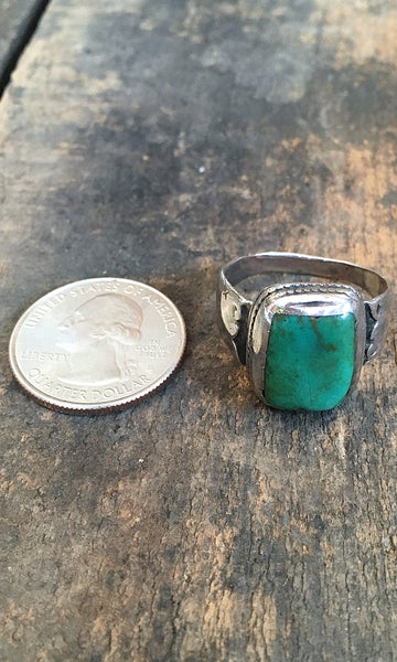 SIMPLE PLEASURES Vintage Silver and Green Turquoise Navajo Ring, Sz 12