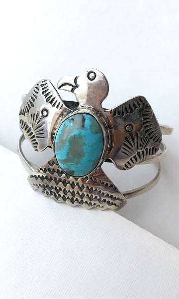 THUNDERBIRD Silver & Turquoise Large Cuff by Chimney Butte