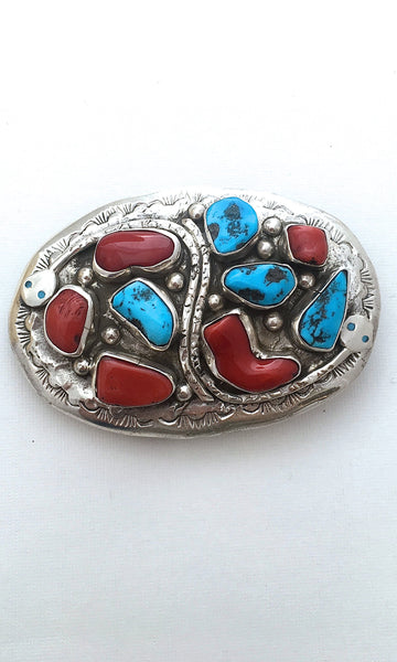 SNAKE CHARMER Silver, Turquoise, & Coral Zuni Belt Buckle