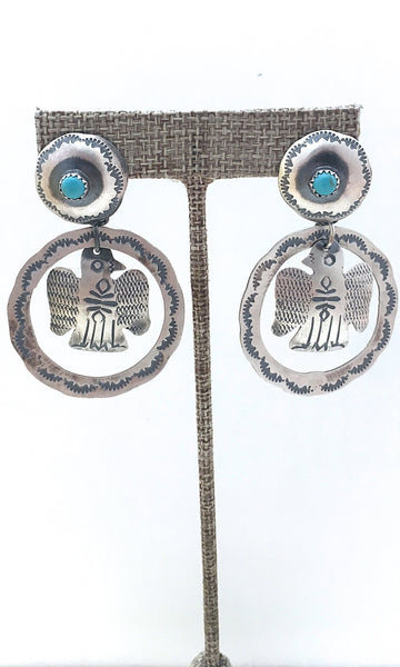 FRED HARVEY  Silver & Turquoise Thunderbird Hoop Earrings