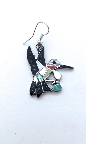 HUMMING ALONG Silver, Jet, Abalone, & Mother of Pearl Hummingbird Earrings