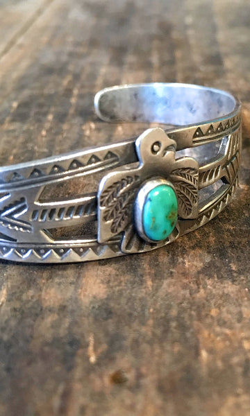 FRED HARVEY ERA 1940s Navajo Style Silver & Turquoise Arrow Thunderbird Bracelet