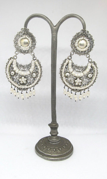 PEARL JAM Mexican Silver and Seed Pearl Large Chandelier Earrings