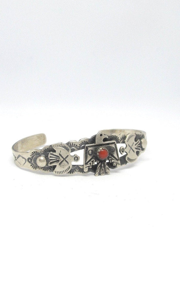 THUNDERBIRD L James Sterling Silver & Coral Hand Stamped Thunderbird Bracelet, Fred Harvey Style