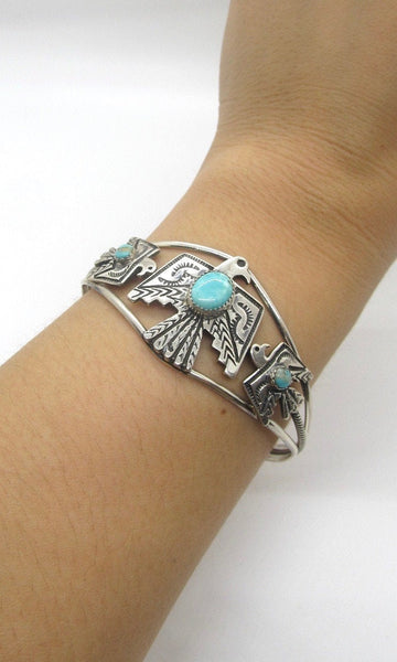 THUNDERBIRD Native American Sterling Silver & Turquoise Thunderbird Cuff Signed Sterling GRHE H