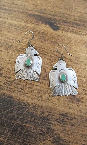 FRED HARVEY Vintage Silver & Turquoise Thunderbird Drop Earrings