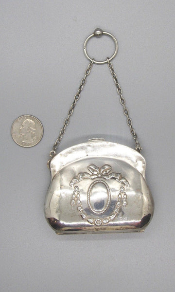 CHATELAINE PURSE Antique 1800s English Sterling Silver Bag, Lion (British), Anchor (Birmingham) h Hallmarks