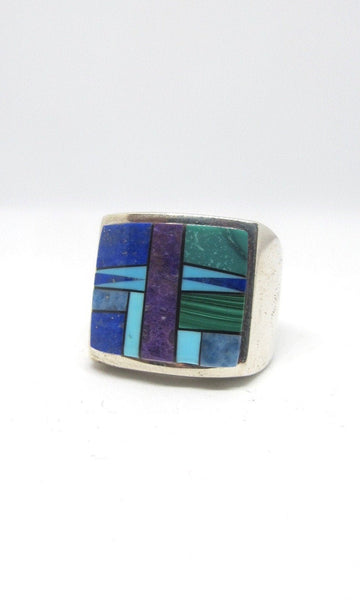 TOUCH OF SANTA FE Massive Mosaic Turquoise, Lapis, Charoite Inlay & Silver Ring, Sz 12.5