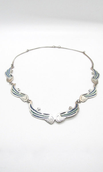 BIRDS OF A FEATHER 1970s Mexican Alpaca Silver, Blue Lapis, & Green Turquoise Inlay Necklace