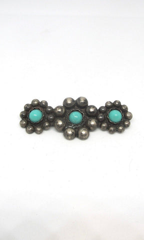 SILVER LINING 1930s Silver Floral Beaded Bar Pin with Turquoise Color Beads