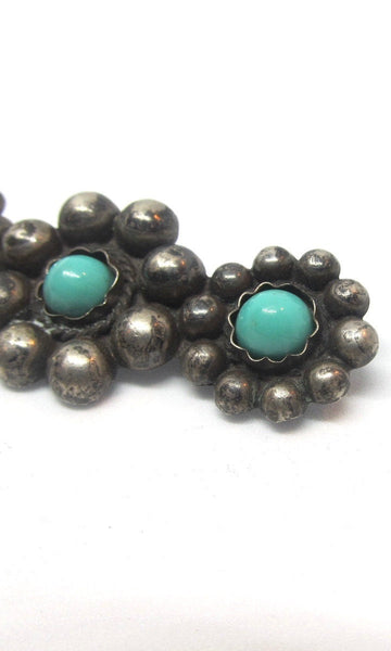 SILVER LINING 1930s Silver Floral Beaded Bar Pin with Turquoise Color Beads
