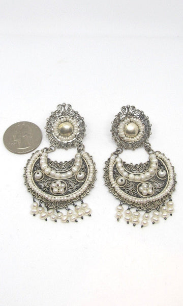 PEARL JAM Mexican Silver and Seed Pearl Large Chandelier Earrings