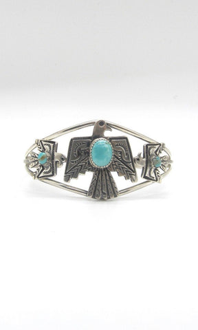 THUNDERBIRD Native American Sterling Silver & Turquoise Thunderbird Cuff Signed Sterling GRHE H