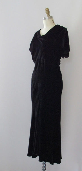BLACK MAGIC 1930s Silk Velvet Bias Cut Dress w/ Capelet Sleeves, Sz Small