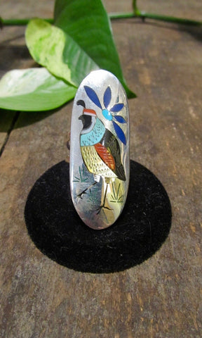 BIRD WATCHER Quail Bird and Flower Large Inlay Silver Ring, Sz 7