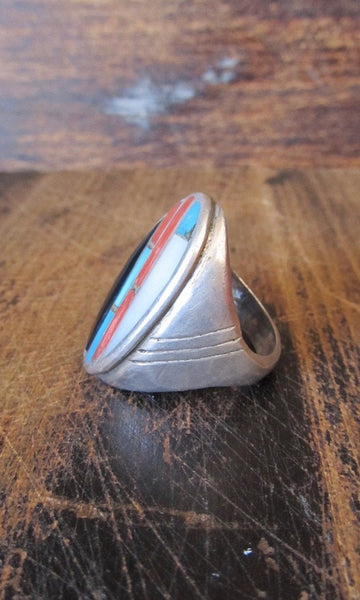 RING A DING Vintage Mens Turquoise Jet, Mother of Pearl, and Coral Ring, Sz 11 1/2