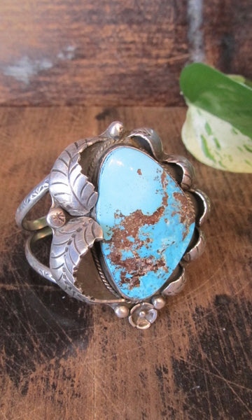 FALLING LEAVES 1970s Boho Silver & Turquoise Cuff