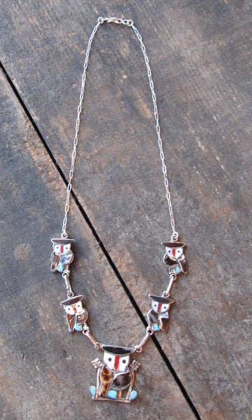 WISE OWL Silver & Multi Inlay Owl Zuni Necklace