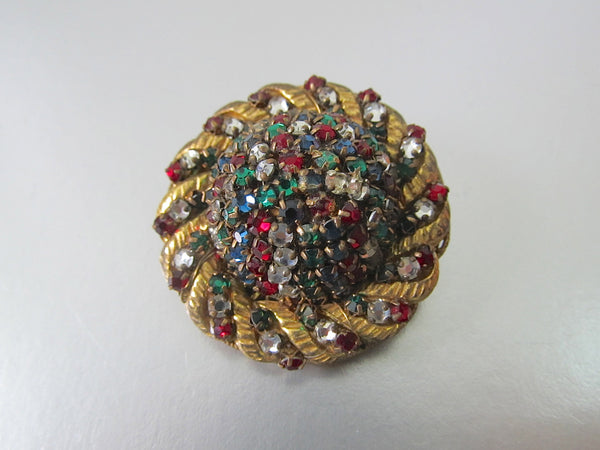 MIRIAM HASKELL Vintage 50s Brooch | 1950s Gold Tone Rhinestones Cluster Pin | Red, Green, Clear Stones | Designer Signed Jewelry, Handmade