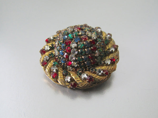MIRIAM HASKELL Vintage 50s Brooch | 1950s Gold Tone Rhinestones Cluster Pin | Red, Green, Clear Stones | Designer Signed Jewelry, Handmade