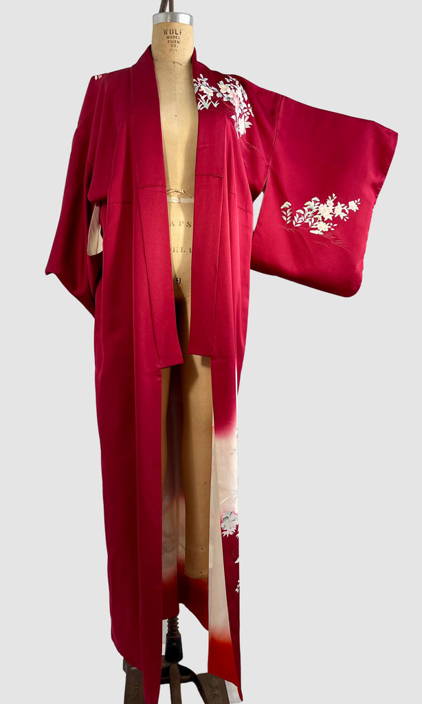 JAPANESE GARDEN 70s Traditional Kimono Floral Peacock Print • Open Size